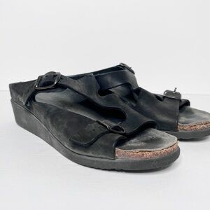 Mephisto Black Leather Wedge Slide On Sandals Size 40 9 Women’s